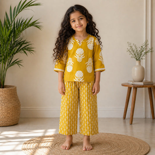 The Magic Wand Cotton Woven Three Fourth Sleeves Floral Printed Top And Pant Loungewear Set - Yellow