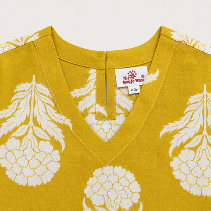 The Magic Wand Cotton Woven Three Fourth Sleeves Floral Printed Top And Pant Loungewear Set - Yellow