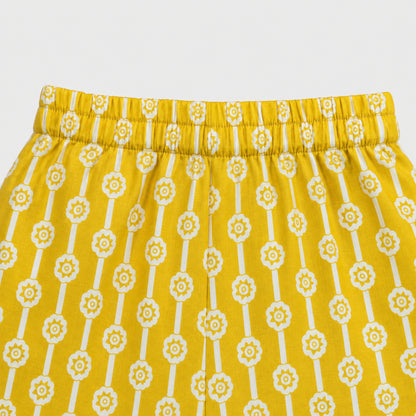 The Magic Wand Cotton Woven Three Fourth Sleeves Floral Printed Top And Pant Loungewear Set - Yellow