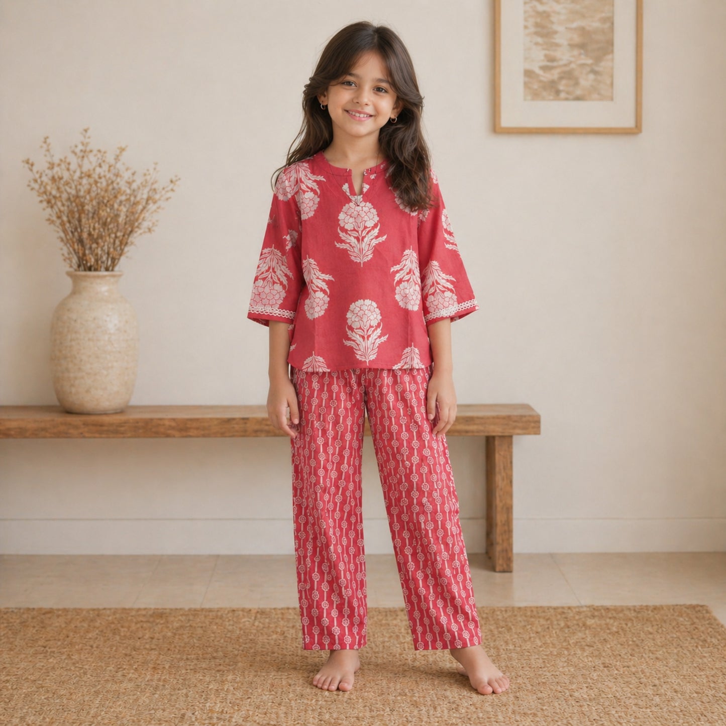 The Magic Wand Cotton Woven Three Fourth Sleeves Floral Printed Top And Pant Loungewear Set - Coral