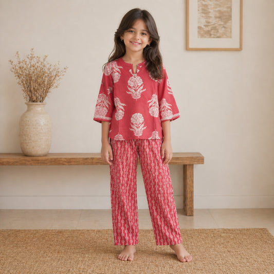 The Magic Wand Cotton Woven Three Fourth Sleeves Floral Printed Top And Pant Loungewear Set - Coral