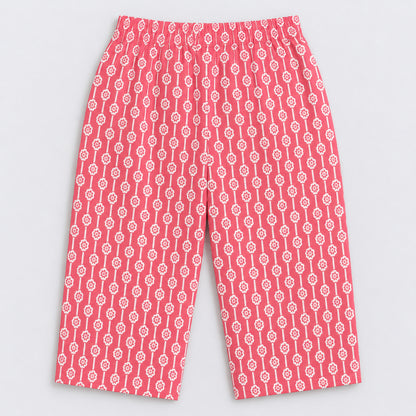 The Magic Wand Cotton Woven Three Fourth Sleeves Floral Printed Top And Pant Loungewear Set - Coral