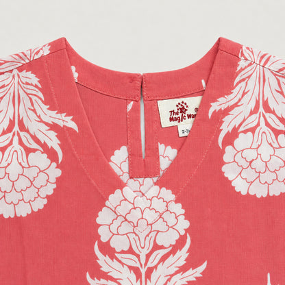 The Magic Wand Cotton Woven Three Fourth Sleeves Floral Printed Top And Pant Loungewear Set - Coral