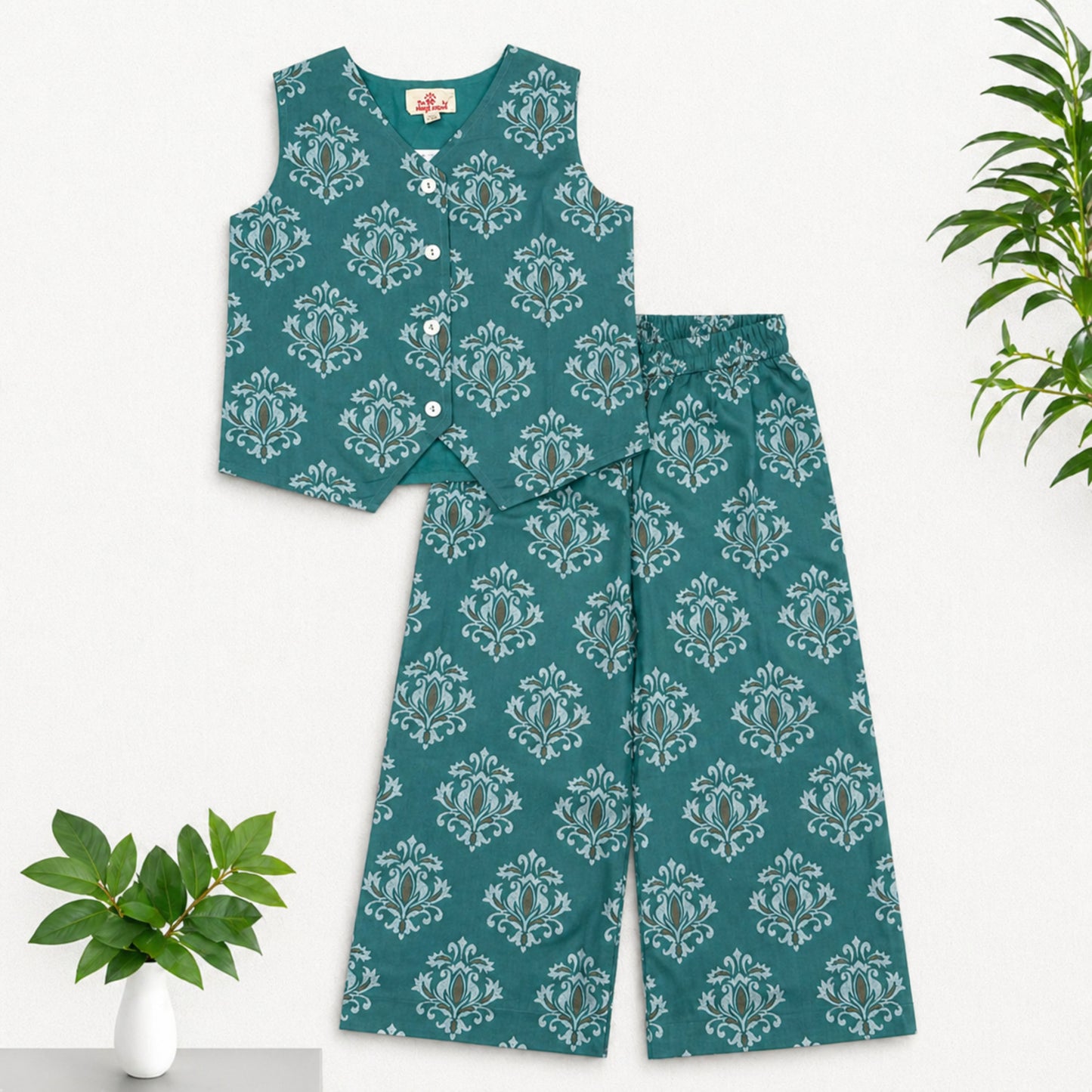 The Magic Wand Cotton Woven Sleeveless Floral Printed Waistcoat Top And Pant Set - Sea Green