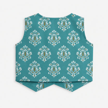 The Magic Wand Cotton Woven Sleeveless Floral Printed Waistcoat Top And Pant Set - Sea Green