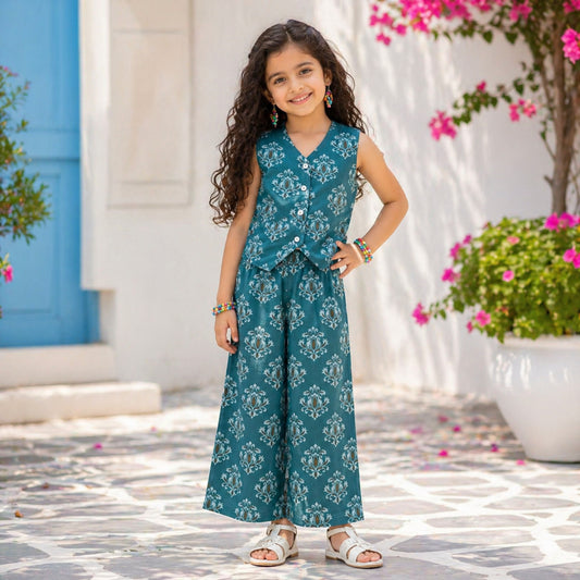 The Magic Wand Cotton Woven Sleeveless Floral Printed Waistcoat Top And Pant Set - Sea Green