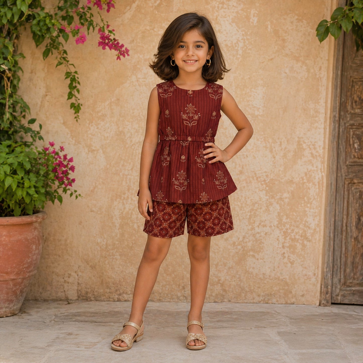 The Magic Wand Cotton Woven Sleeveless Floral Printed Peplum Top And Shorts Set - Rust