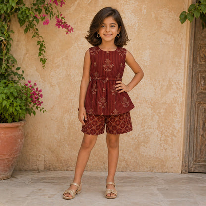 The Magic Wand Cotton Woven Sleeveless Floral Printed Peplum Top And Shorts Set - Rust