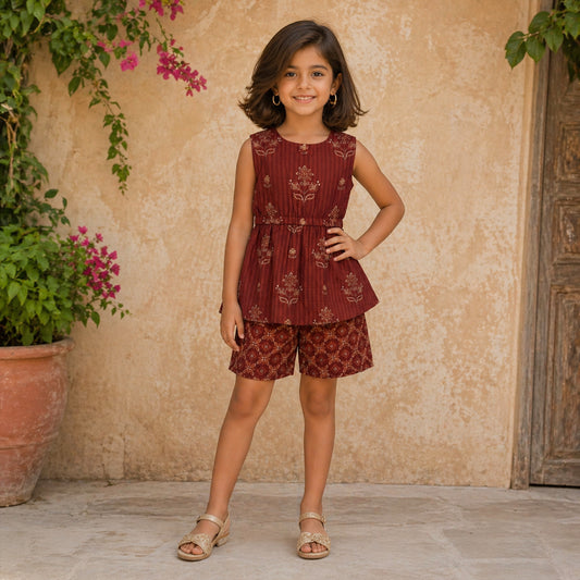 The Magic Wand Cotton Woven Sleeveless Floral Printed Peplum Top And Shorts Set - Rust