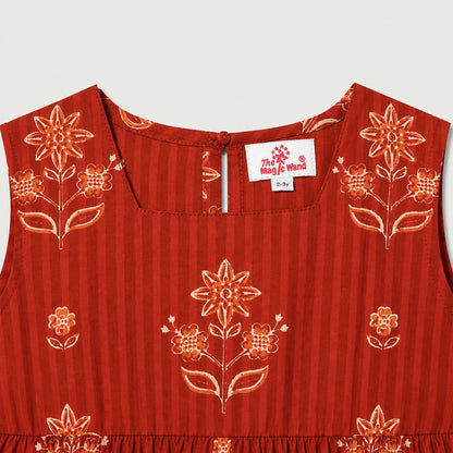The Magic Wand Cotton Woven Sleeveless Floral Printed Peplum Top And Shorts Set - Rust