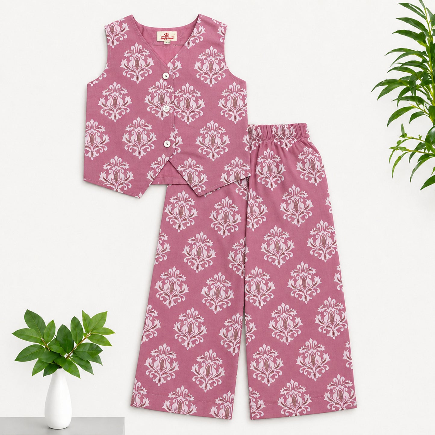 The Magic Wand Cotton Woven Sleeveless Floral Printed Waistcoat Top And Pant Set - Pink