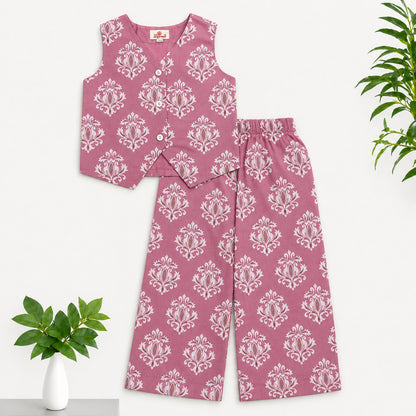 The Magic Wand Cotton Woven Sleeveless Floral Printed Waistcoat Top And Pant Set - Pink