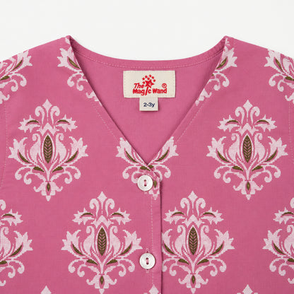 The Magic Wand Cotton Woven Sleeveless Floral Printed Waistcoat Top And Pant Set - Pink