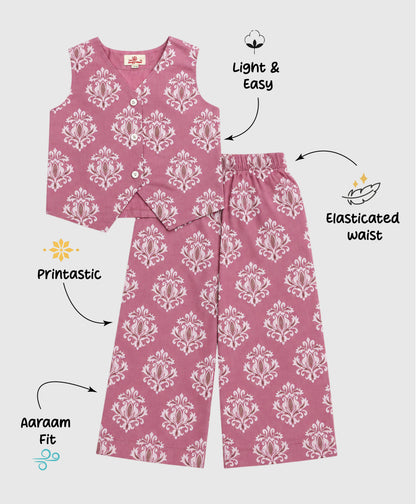 The Magic Wand Cotton Woven Sleeveless Floral Printed Waistcoat Top And Pant Set - Pink