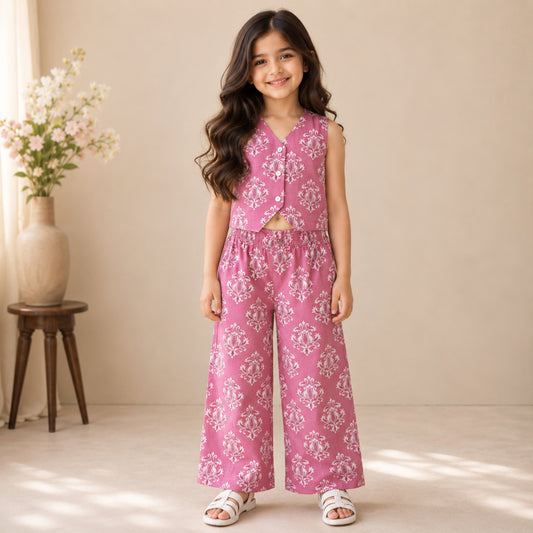 The Magic Wand Cotton Woven Sleeveless Floral Printed Waistcoat Top And Pant Set - Pink