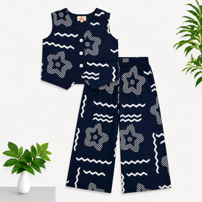 The Magic Wand Cotton Woven Sleeveless Geometric Printed Waistcoat Top And Pant Set - Navy Blue