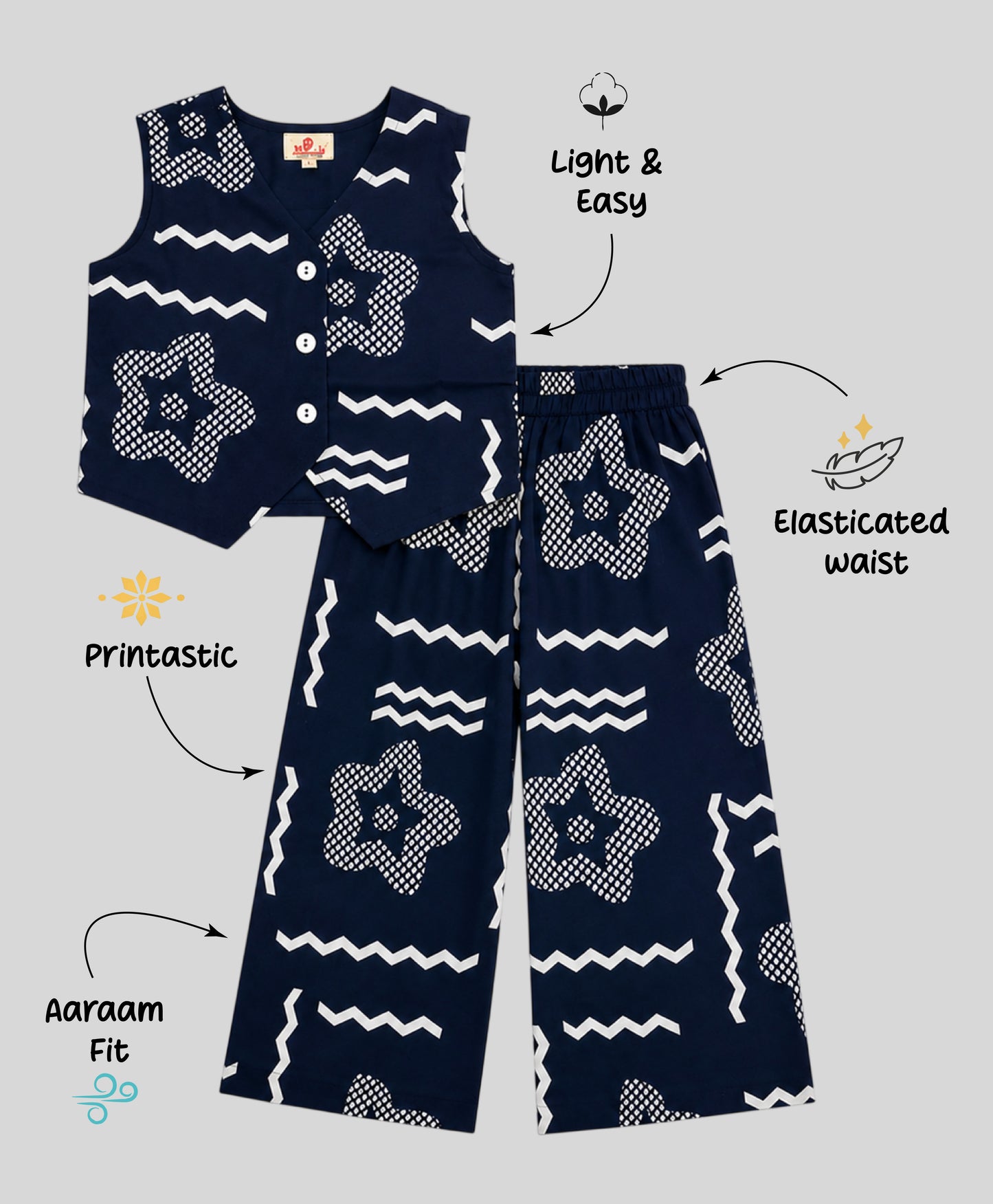 The Magic Wand Cotton Woven Sleeveless Geometric Printed Waistcoat Top And Pant Set - Navy Blue