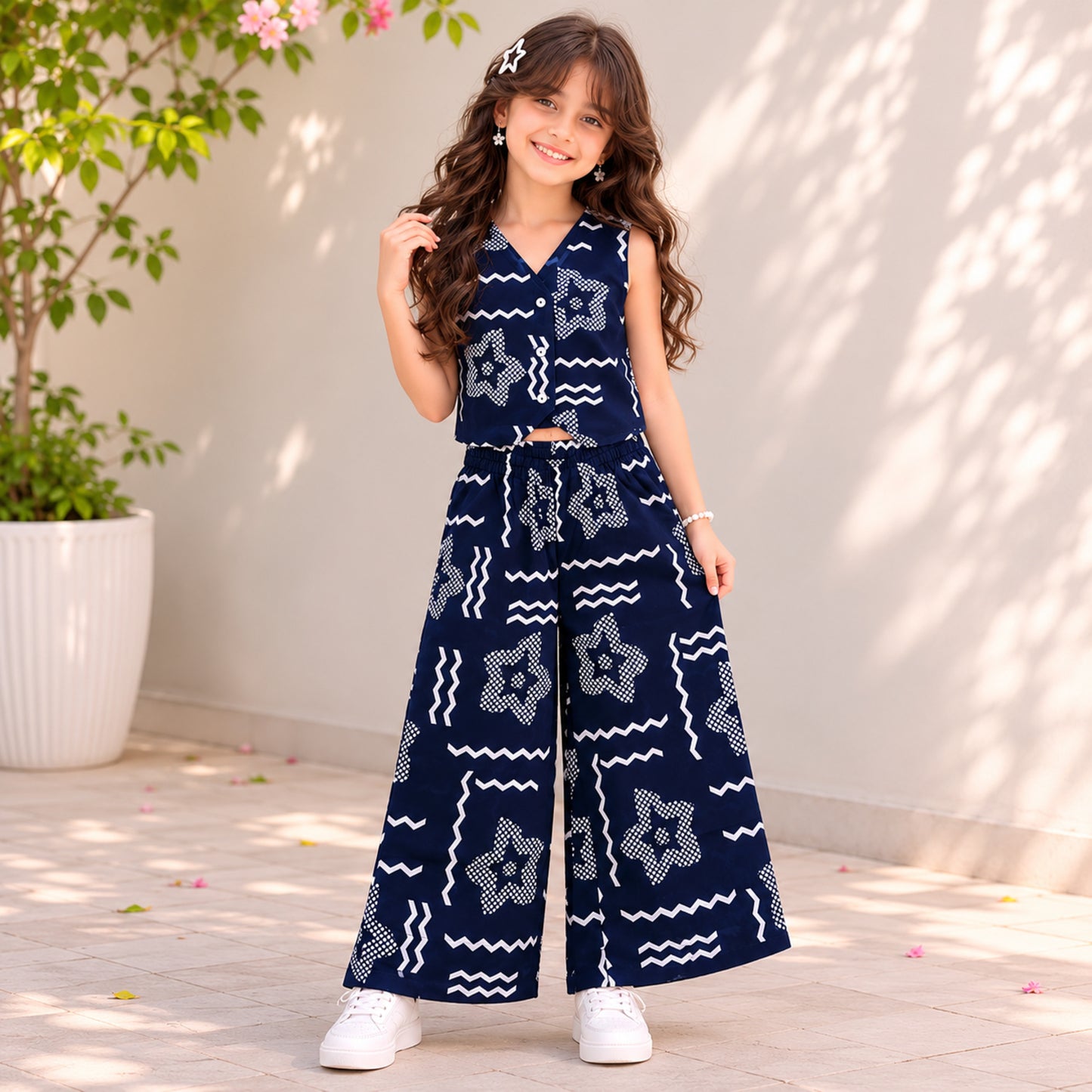 The Magic Wand Cotton Woven Sleeveless Geometric Printed Waistcoat Top And Pant Set - Navy Blue