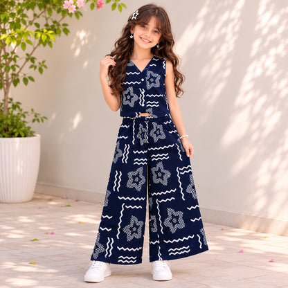 The Magic Wand Cotton Woven Sleeveless Geometric Printed Waistcoat Top And Pant Set - Navy Blue