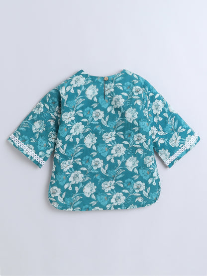 Floral Printed Cotton Lace Embelished 3/4th Sleeves Top and Pant Night Wear Lounge Wear Set For Girls Blue