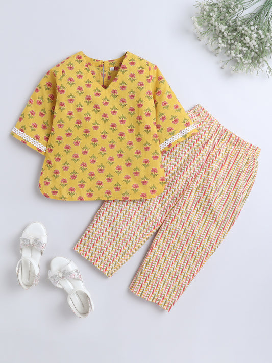 Hand Floral Printed Cotton Lace Embelished 3/4th Sleeves Top and Pant Night Wear Lounge Wear Set For Girls Yellow