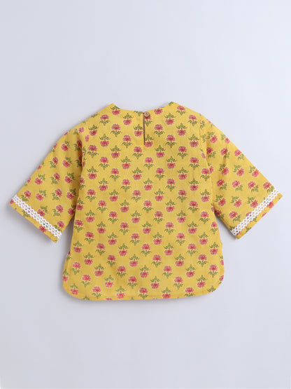 Hand Floral Printed Cotton Lace Embelished 3/4th Sleeves Top and Pant Night Wear Lounge Wear Set For Girls Yellow