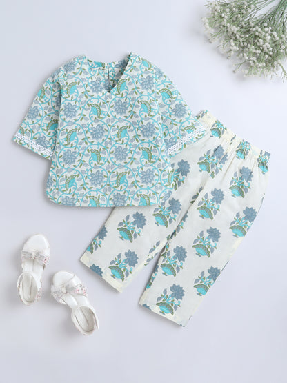 Floral Printed Cotton Lace Embelished 3/4th Sleeves Top and Pant Night Wear Lounge Wear Set For Girls Green