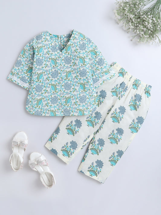 Floral Printed Cotton Lace Embelished 3/4th Sleeves Top and Pant Night Wear Lounge Wear Set For Girls Green