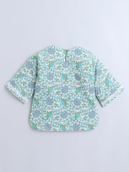 Floral Printed Cotton Lace Embelished 3/4th Sleeves Top and Pant Night Wear Lounge Wear Set For Girls Green