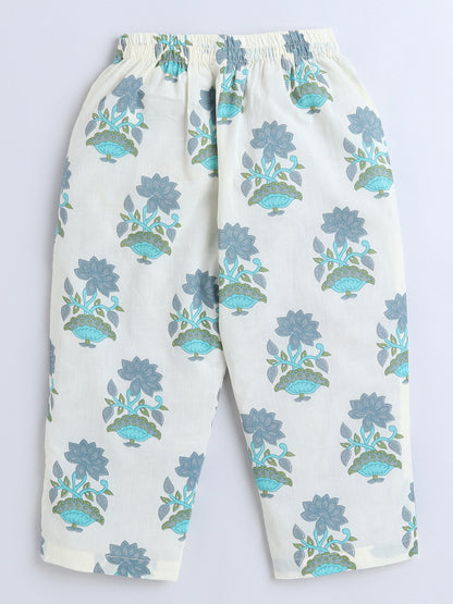 Floral Printed Cotton Lace Embelished 3/4th Sleeves Top and Pant Night Wear Lounge Wear Set For Girls Green