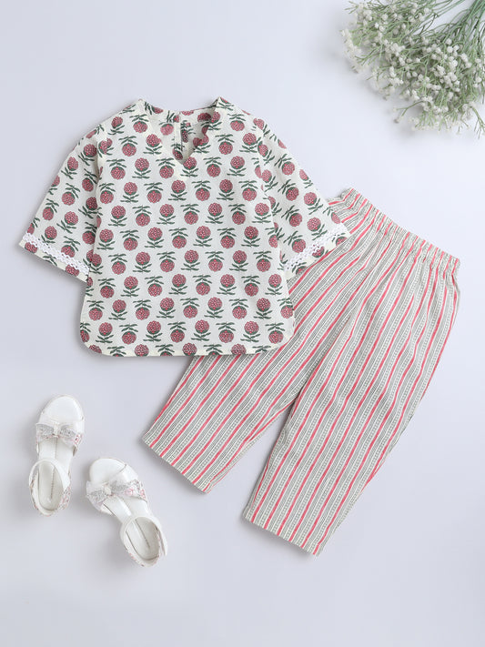 Floral Printed Cotton Lace Embelished 3/4th Sleeves Top and Pant Night Wear Lounge Wear Set For Girls Pink