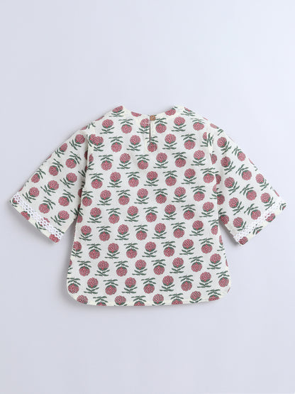 Floral Printed Cotton Lace Embelished 3/4th Sleeves Top and Pant Night Wear Lounge Wear Set For Girls Pink