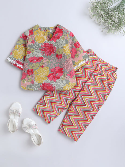 Floral Printed Cotton Lace Embelished 3/4th Sleeves Top and Pant Night Wear Lounge Wear Set For Girls Grey