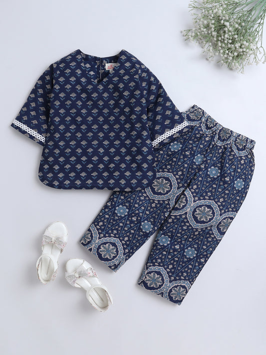 Floral Printed Cotton Lace Embelished 3/4th Sleeves Top and Pant Night Wear Lounge Wear Set For Girls Navy Blue