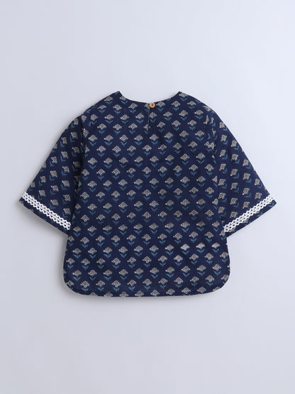 Floral Printed Cotton Lace Embelished 3/4th Sleeves Top and Pant Night Wear Lounge Wear Set For Girls Navy Blue
