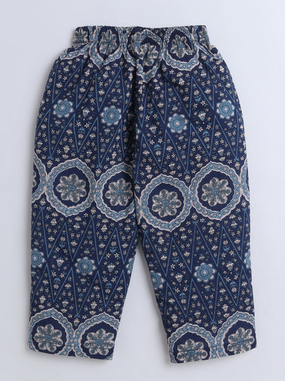Floral Printed Cotton Lace Embelished 3/4th Sleeves Top and Pant Night Wear Lounge Wear Set For Girls Navy Blue