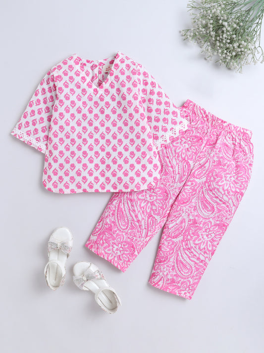 Cotton Floral Printed Lace Embelished 3/4th Sleeves Top and Pant Night Wear Lounge Wear Set For Girls Pink