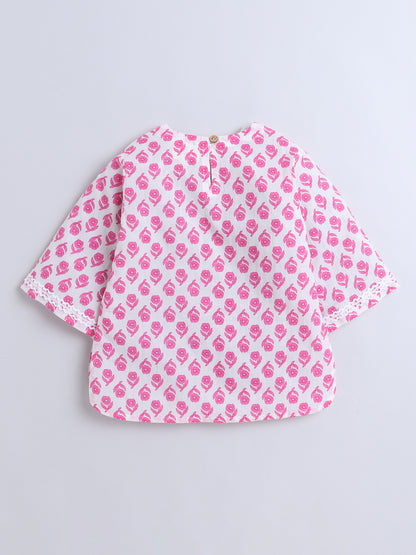Cotton Floral Printed Lace Embelished 3/4th Sleeves Top and Pant Night Wear Lounge Wear Set For Girls Pink