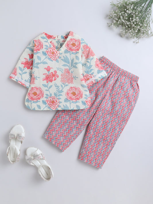 Three forth Sleeves Floral Printed Top and Stripe Palazzo Set