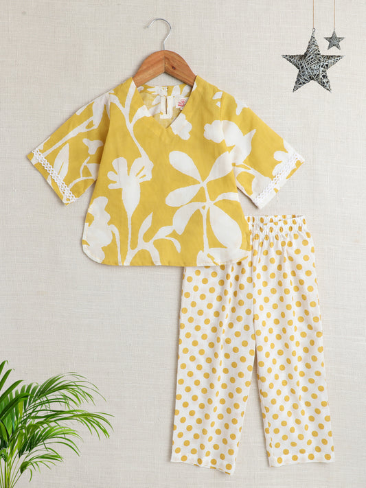 Full Sleeves Floral Print Kurta and Polka Dot Pant Set- Yellow