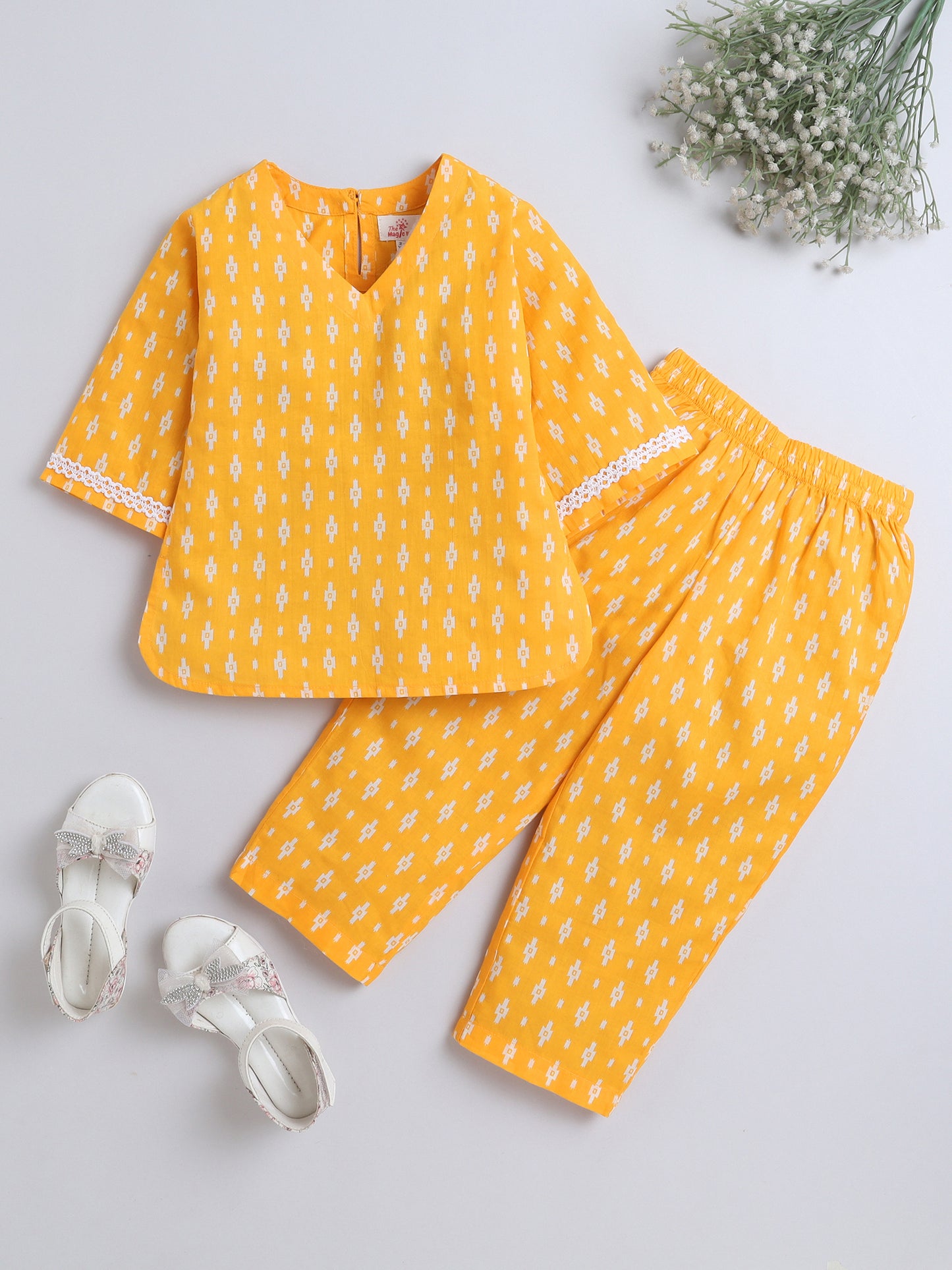 Three Forth Sleeves Geometric Printed Top and Palazzo Set- Yellow
