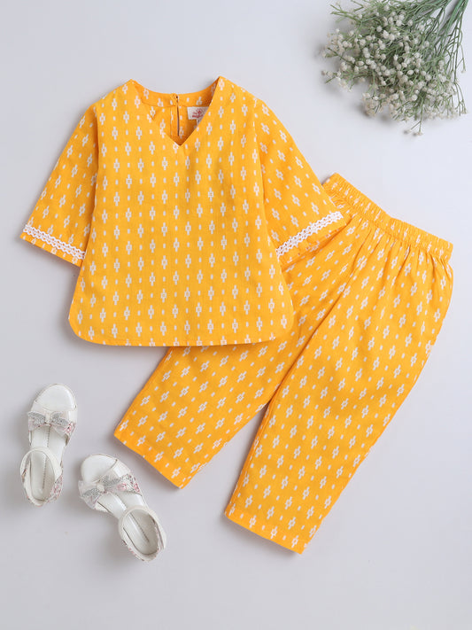 Three Forth Sleeves Geometric Printed Top and Palazzo Set- Yellow