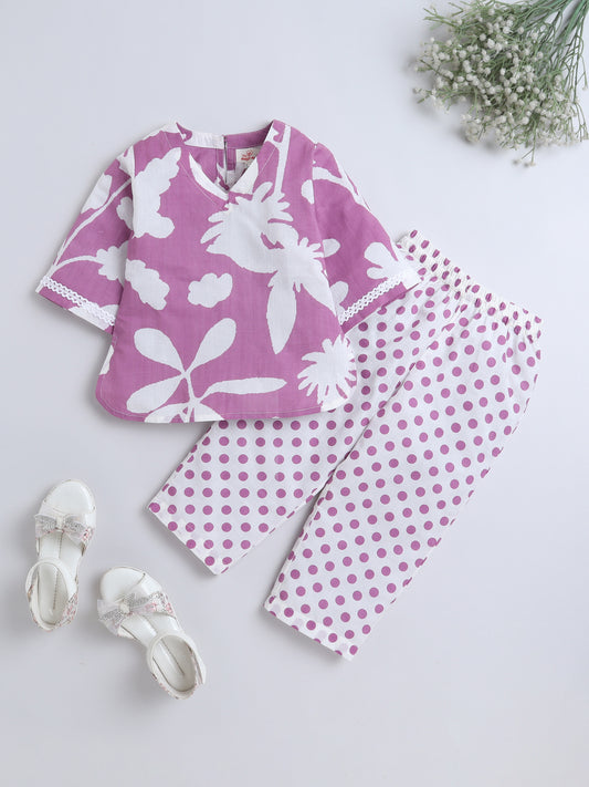 Three forth Sleeves Floral Printed Top and Polka Dot Palazzo Set-Purple
