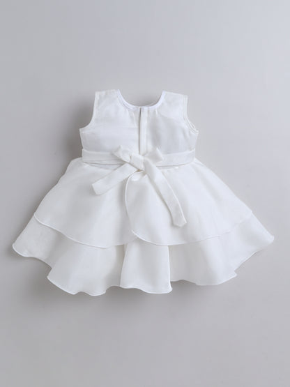 Sleeveless Ruffle Party Dress with Bow Embellishment - White