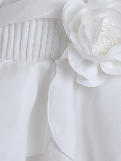 Sleeveless Ruffle Party Dress with Bow Embellishment - White