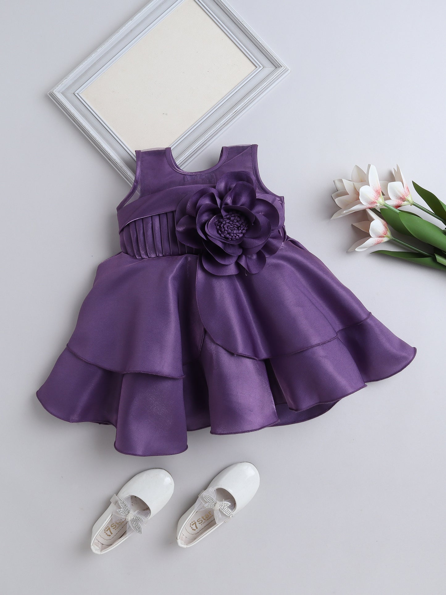 Sleevless Ruffle Party Dress with Bow Embelishment  Lavendar