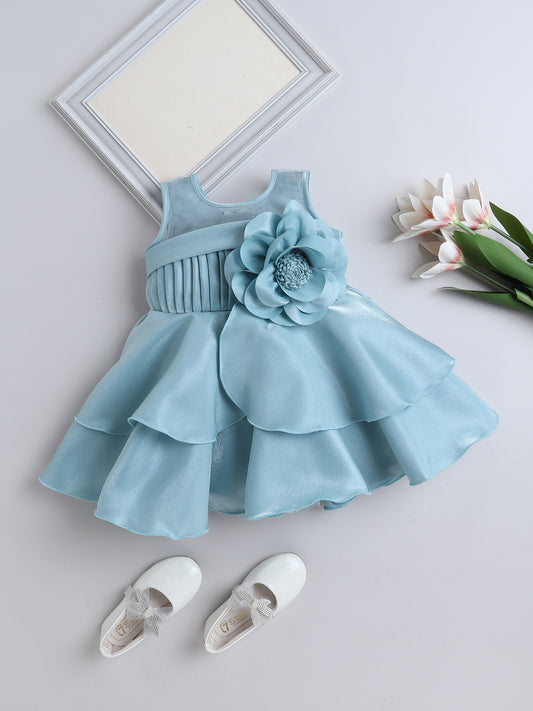 Sleevless Ruffle Party Dress with Bow Embelishment  Blue