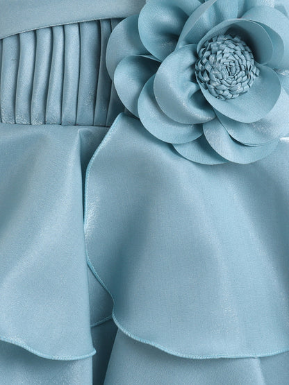 Sleevless Ruffle Party Dress with Bow Embelishment  Blue
