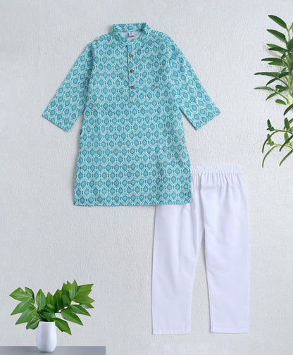 Woven Full Sleeves AII Over Printed Kurta and Pyjama Set- Blue
