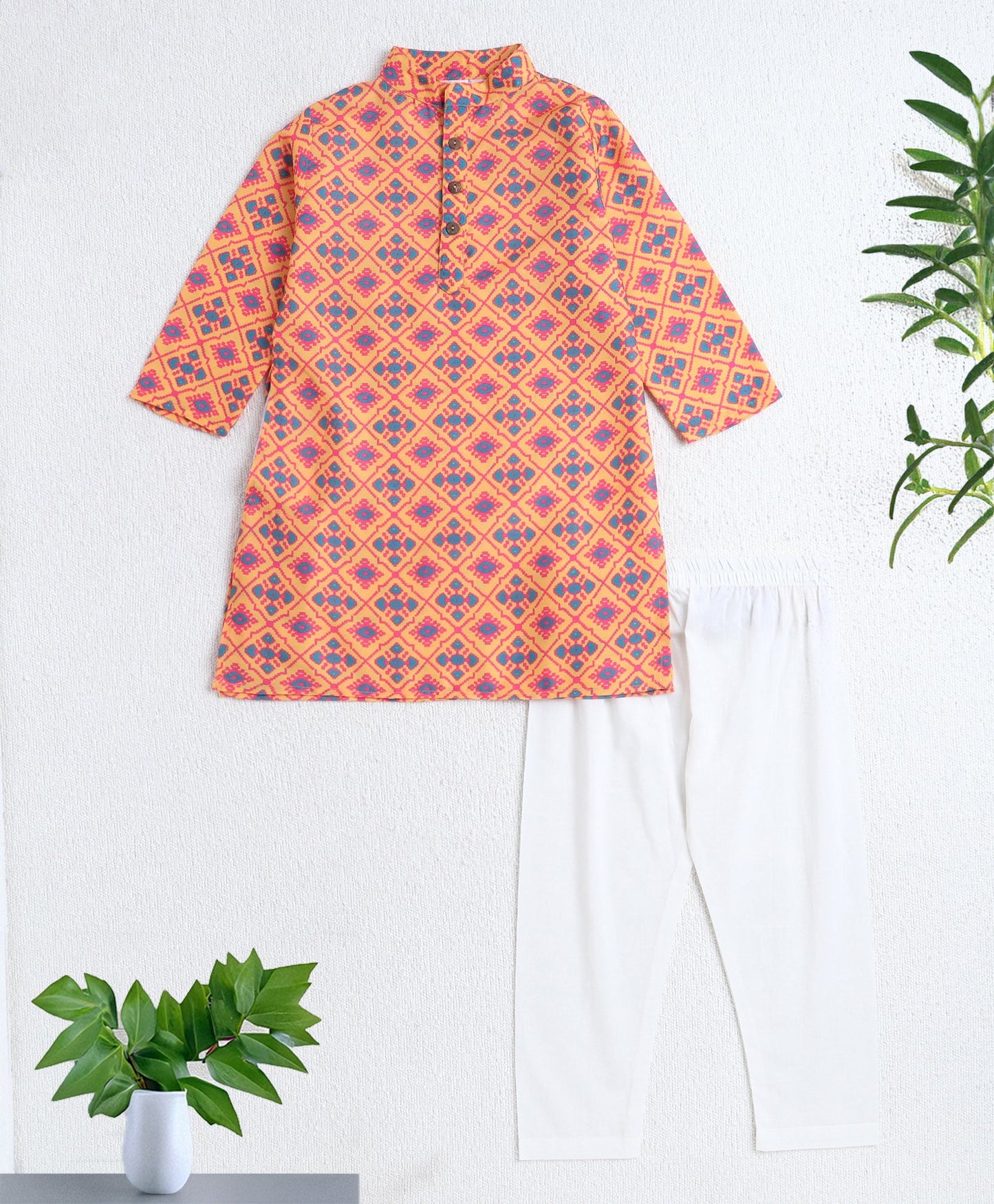 Woven Full Sleeves Digital Printed Kurta and Pyjama Set - Yellow